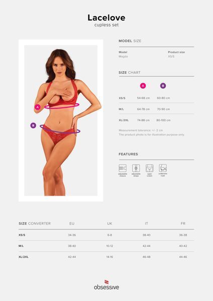 Комплект білизни Obsessive Lacelove cupless 2-pcs set M/L Red, відкритий доступ, відкриті груди SO8653 фото