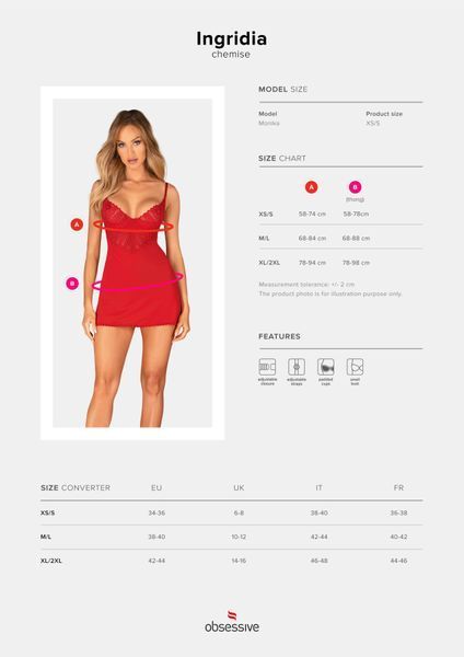 Пеньюар Obsessive Ingridia chemise & thong XS/S, червоний, сорочка, стрінги SO9036 фото
