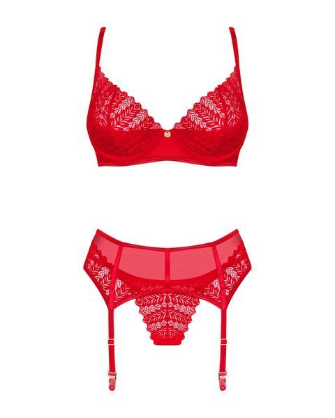 Комплект Obsessive Ingridia 3-pcs set XS/S, червоний, бюстгальтер, стрінги, пояс SO9034 фото