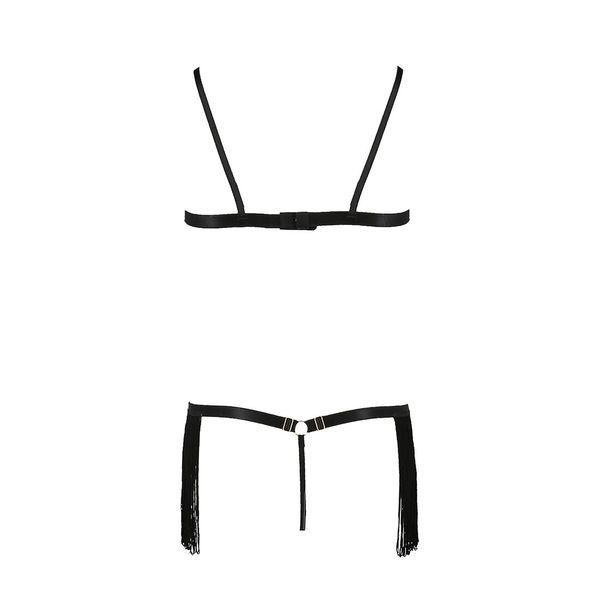 Комплект білизни Passion Exclusive KASSANDRA SET OpenBra L/XL black, ліф з бахроми, трусики-спідниця PS26301 фото