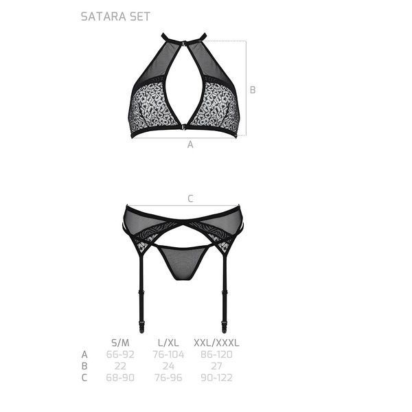 Комплект білизни Passion SATARA SET XXL/XXXL black, топ, пояс для панчіх, стрінги SO8483 фото
