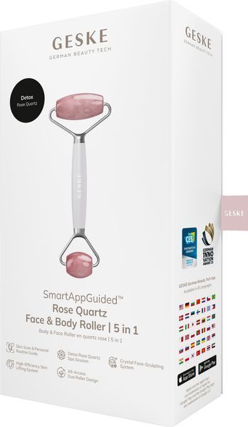 Ролер-масажер для обличчя та тіла з рожевим кварцом GESKE SmartAppGuided Rose Quartz Face & Body Roller 5in1 starlight HB0656 фото