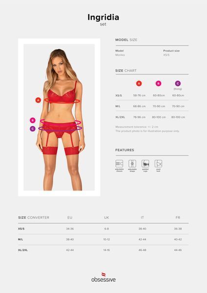 Комплект Obsessive Ingridia 3-pcs set XL/2XL, червоний, бюстгальтер, стрінги, пояс SO9035 фото