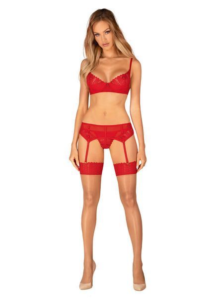 Комплект Obsessive Ingridia 3-pcs set XL/2XL, червоний, бюстгальтер, стрінги, пояс SO9035 фото