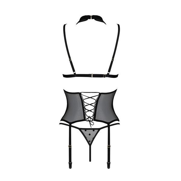 Корсет з відкритими грудьми Passion DOMINICA CORSET S/M black, пажі для панчіх, стрінги SO8434 фото
