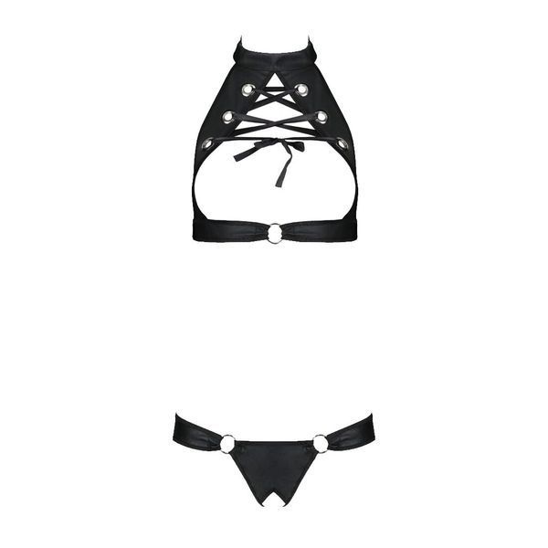 Комплект із екошкіри Passion MALWIA SET with Open Bra 6XL/7XL black, топ та трусики з люверсами SO7101 фото