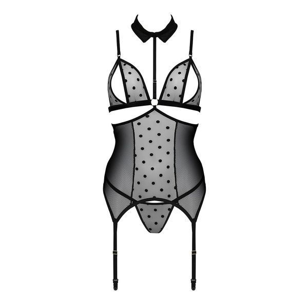 Корсет з відкритими грудьми Passion DOMINICA CORSET S/M black, пажі для панчіх, стрінги SO8434 фото