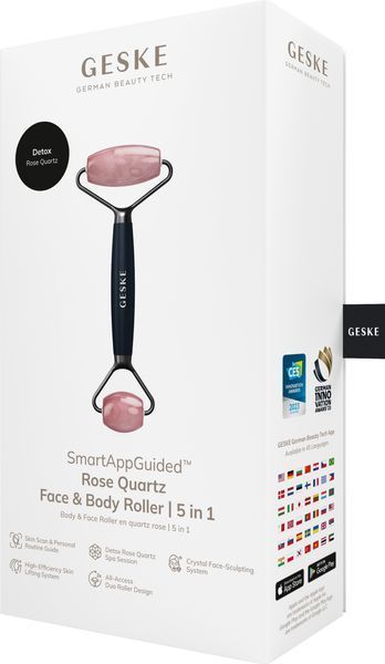 Ролер-масажер для обличчя та тіла з рожевим кварцом GESKE SmartAppGuided Rose Quartz Face & Body Roller 5in1 black HB0657 фото
