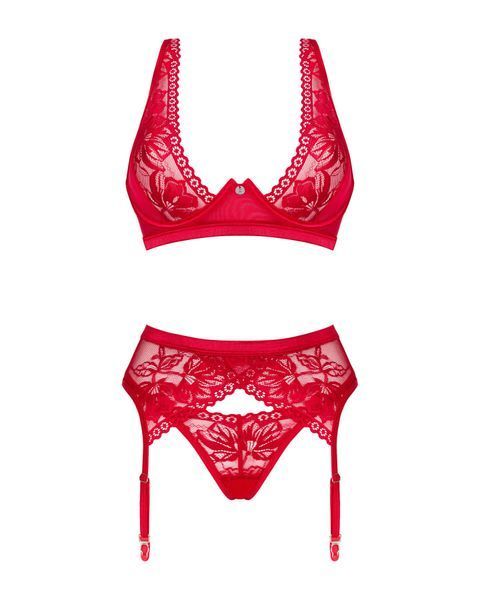 Комплект білизни Obsessive Lacelove cupless 3pcs set XS/S Red, бюстгальтер, стрінги, пояс для панчіх SO8655 фото