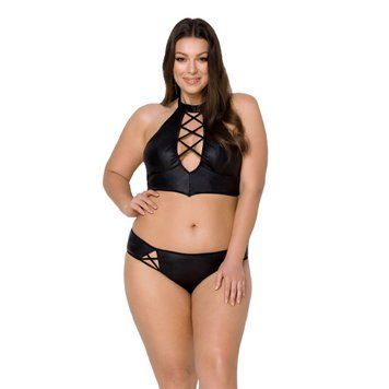 Комплект з екошкіри Passion NANCY BIKINI 6XL/7XL black, бра та трусики з імітацією шнурівки SO7103 фото