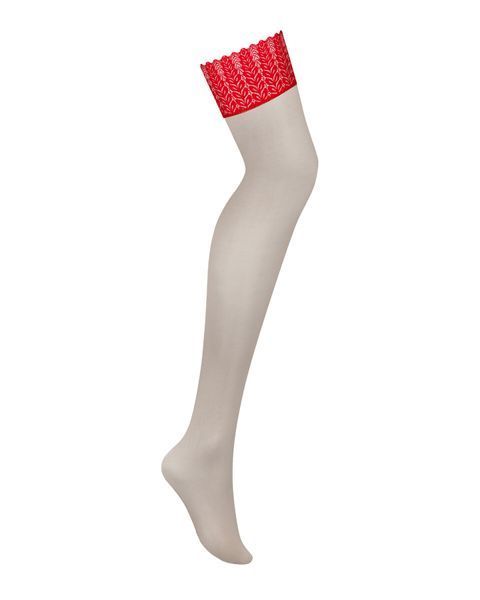 Панчохи Obsessive Ingridia stockings XS/S, бежеві з червоною резинкою SO9040 фото