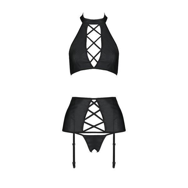 Комплект з еко-шкіри з імітацією шнурівки Passion NANCY SET L/XL black топ, трусики, пояс для панчіх SO5373 фото