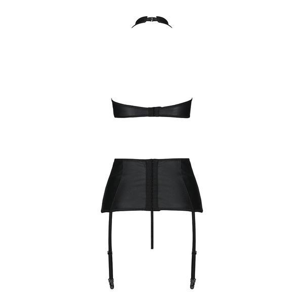 Комплект з еко-шкіри з імітацією шнурівки Passion NANCY SET L/XL black топ, трусики, пояс для панчіх SO5373 фото