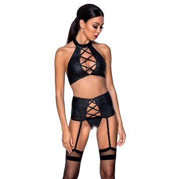 Комплект з еко-шкіри з імітацією шнурівки Passion NANCY SET S/M black топ, трусики, пояс для панчіх SO5374 фото