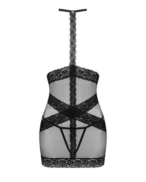 Напівпрозора сорочка з відкритими грудьми Obsessive Lacrisia chemise M/L, чорна, з чокером SO7287 фото
