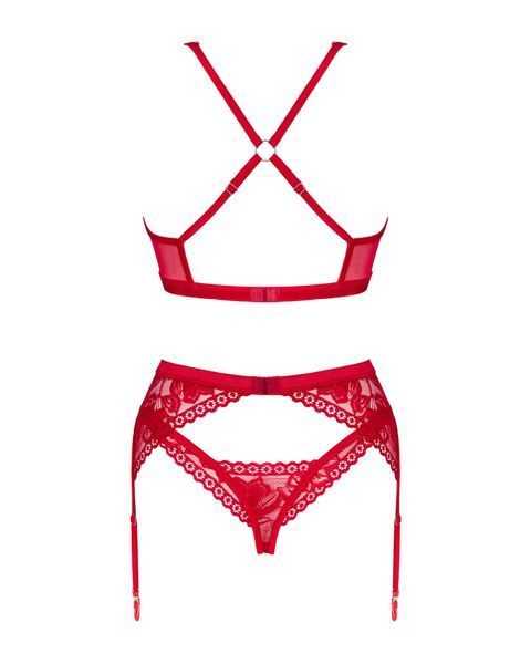 Комплект білизни Obsessive Lacelove cupless 3-pcs set XL/2XL Red, бюстгальтер, стрінги, пояс для панчіх SO8657 фото
