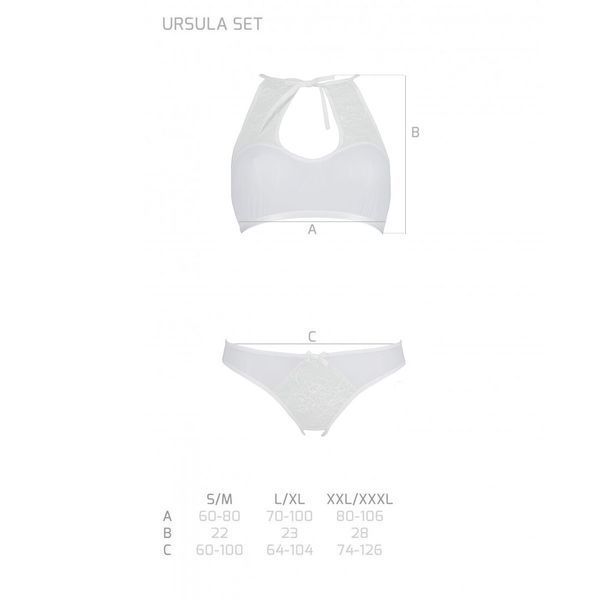 Комплект із бра, трусиків з ажурним декором та відкритим кроком Passion URSULA SET XXL/XXXL, white SO5846 фото