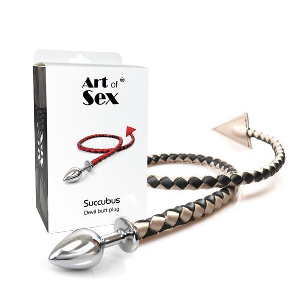 Металева анальна пробка S з диявольським хвостом Art of Sex - Succubus, екошкіра, чорний/золото SX0675 фото