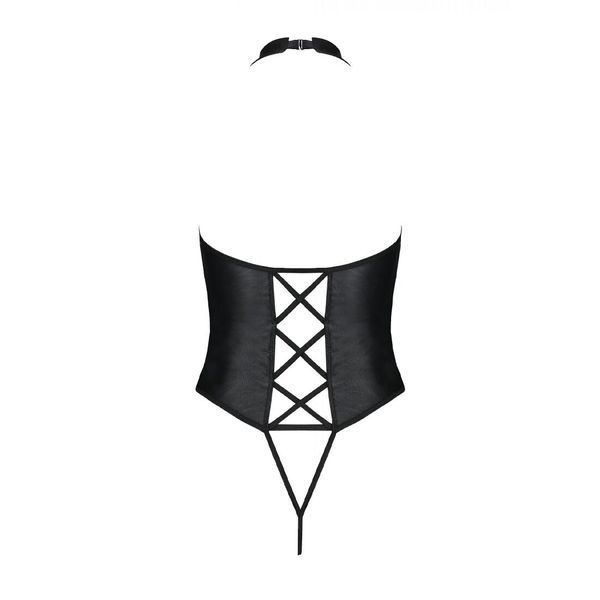 Боді з екошкіри Passion NANCY BODY 4XL/5XL black, з імітацією шнурівки та відкритим доступом SO7104 фото