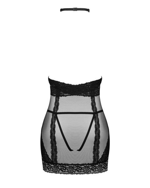 Напівпрозора сорочка з відкритими грудьми Obsessive Lacrisia chemise XL/2XL, чорна, з чокером SO7288 фото