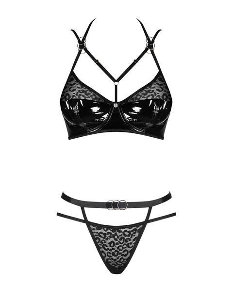 Еротичний комплект під латекс зі стрепами Obsessive Bagirela 2-pcs set S/M, чорний, під леопард, бюс SO7219 фото