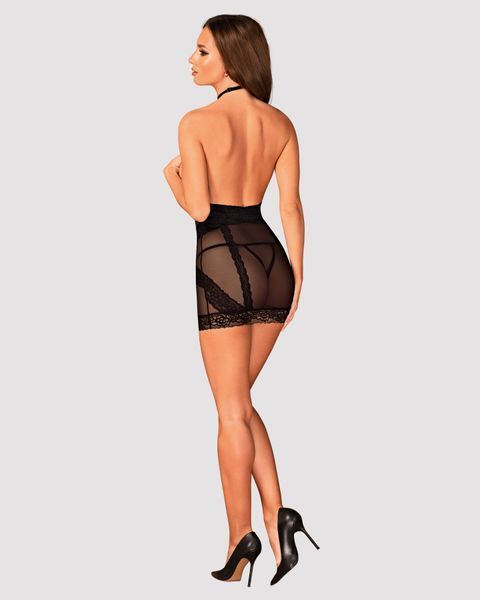Напівпрозора сорочка з відкритими грудьми Obsessive Lacrisia chemise XL/2XL, чорна, з чокером SO7288 фото