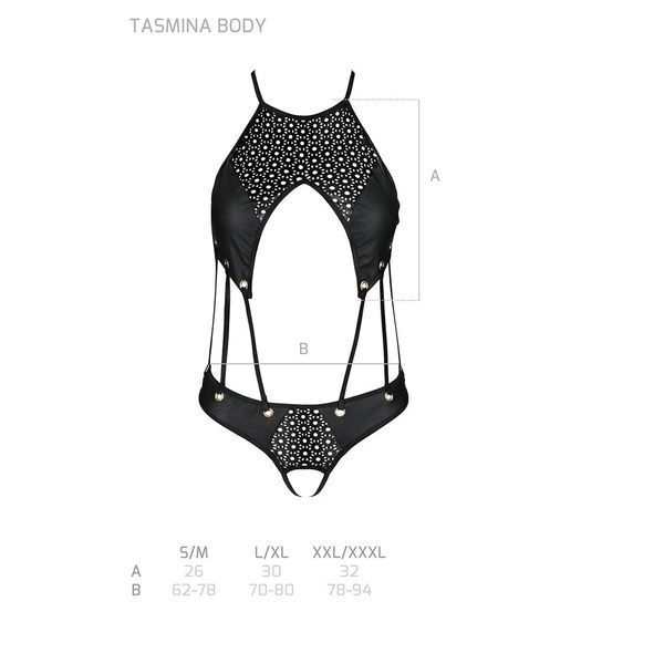 Боді з відкритим доступом Passion TASMINA BODY L/XL black, екошкіра, шнурівки, ажурні мережива SO8488 фото