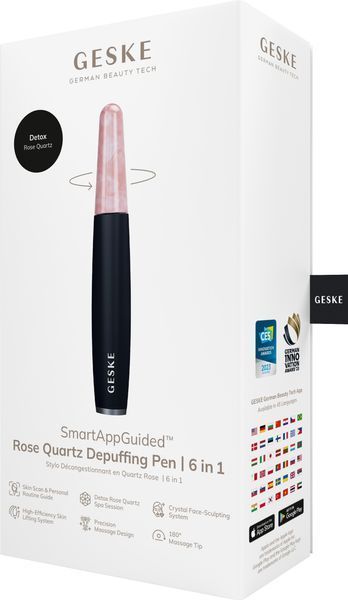 Ручка-масажер для обличчя з рожевим кварцом GESKE SmartAppGuided Rose Quartz & Depuffing Pen 6in1 black HB0661 фото