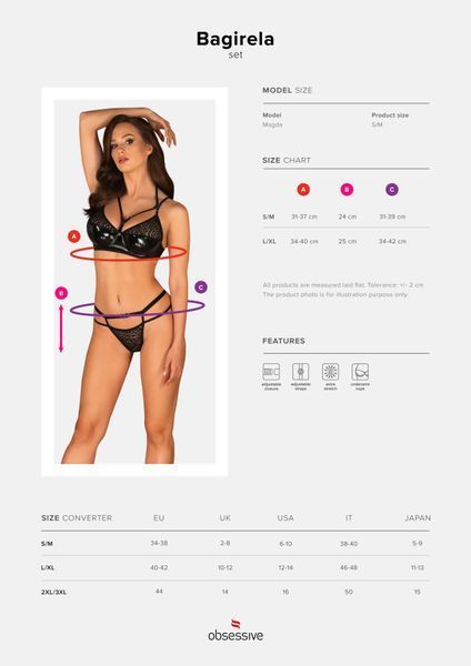 Еротичний комплект під латекс зі стрепами Obsessive Bagirela 2-pcs set L/XL, чорний, під леопард, бю SO7220 фото