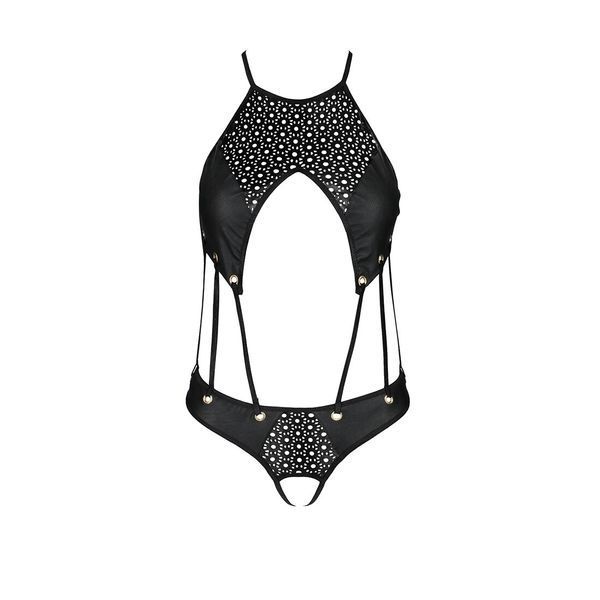Боді з відкритим доступом Passion TASMINA BODY XXL/XXXL, black, екошкіра, шнурівки, ажурні мережива SO8489 фото