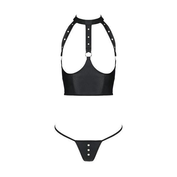 Комплект білизни з відкритими грудьми Passion GENEVIA SET WITH OPEN BRA L/XL black, корсет, стрінги SO8439 фото