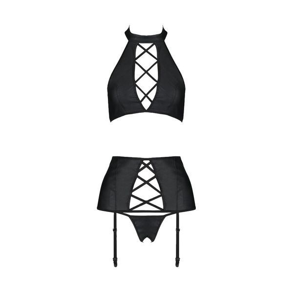 Комплект з екошкіри Passion NANCY SET 4XL/5XL black, імітація шнурівки, топ, пояс для панчіх SO7106 фото