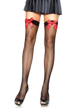 Панчохи-сітка з атласним бантиком Leg Avenue Fishnet Thigh Highs One size, Black, With Bow Red SO8597 фото