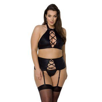 Комплект із екошкіри Passion NANCY SET 6XL/7XL black, імітація шнурівки, топ, пояс для панчіх SO7107 фото