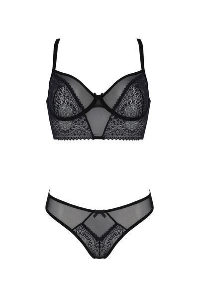 Комплект Passion DROSERA SET black S/M, сітка+мереживо, бюстьє та трусики танга SX0480 фото
