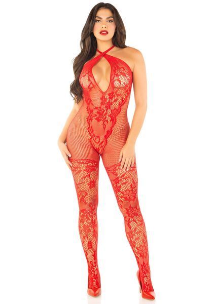 Бодістокінг Leg Avenue Seamless Net and Lace Lingerie Jumpsuit One Size, Red SX1758 фото