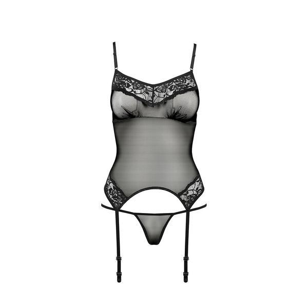 Корсет з пажами Passion MELANIA CORSET S/M, black, трусики, напівпрозорий EL16308 фото