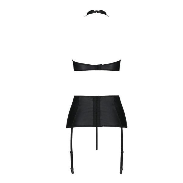 Комплект із екошкіри Passion NANCY SET 6XL/7XL black, імітація шнурівки, топ, пояс для панчіх SO7107 фото