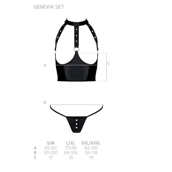 Комплект білизни з відкритими грудьми Passion GENEVIA SET WITH OPEN BRA S/M black, корсет, стрінги SO8440 фото