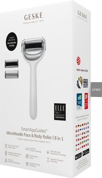 Електронний ролер для обличчя та тіла з мікроголками GESKE MicroNeedle Face&Body Roller 8в1 white HB0205 фото
