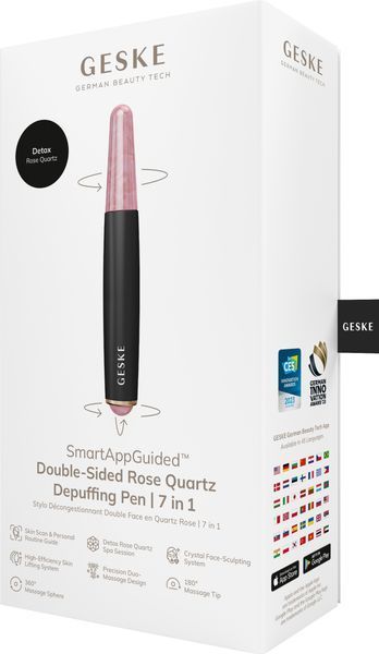 Ручка-масажер для обличчя з рожевим кварцом GESKE SmartAppGuided Double-Sided Rose Quartz Depuffing Pen 7в1 gray HB0663 фото