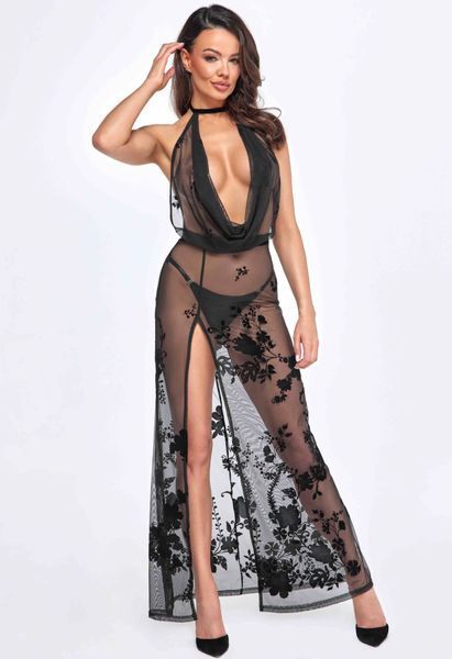 Сукня Noir Handmade F312 Divinity, XL, black, прозора, до підлоги, відкрита спина, розріз збоку SX0312 фото