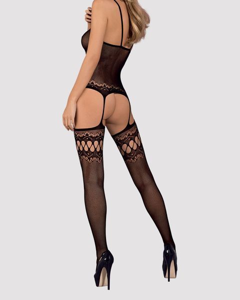 Бодістокінг Obsessive Bodystocking F214 black S/M/L, імітація корсета та панчіх на підв&rsquo;язках SO7224 фото