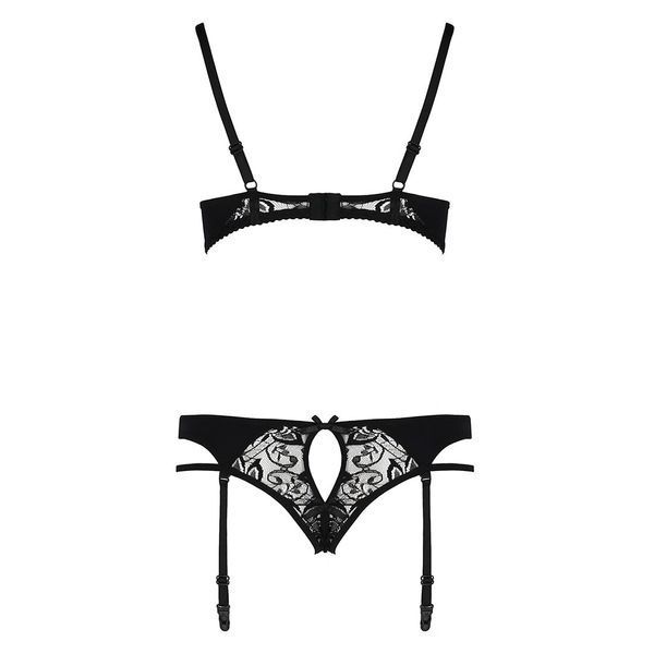 Комплект білизни Passion PAULINE SET L/XL, black, стрепи, ліф, стрінги і пояс для панчох EL15804 фото
