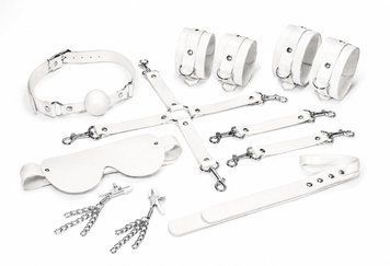 Набір Feral Feelings BDSM Kit 7 White, наручники, поножі, конектор, маска, падл, кляп, затискачі SX3982 фото
