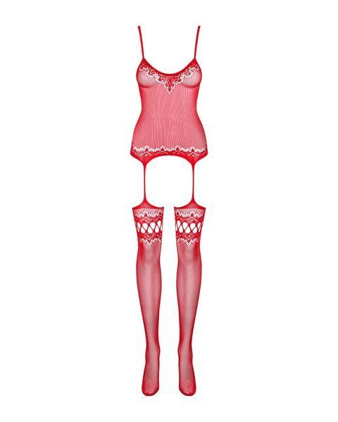 Бодістокінг Obsessive Bodystocking F214 red S/M/L, імітація корсета та панчіх на підв&rsquo;язках SO7225 фото