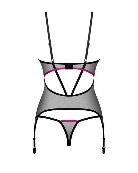 Корсет Obsessive Novenes corset & thong, M/L, прозорий, відкрита спина, стрінги в комплекті SX0614 фото
