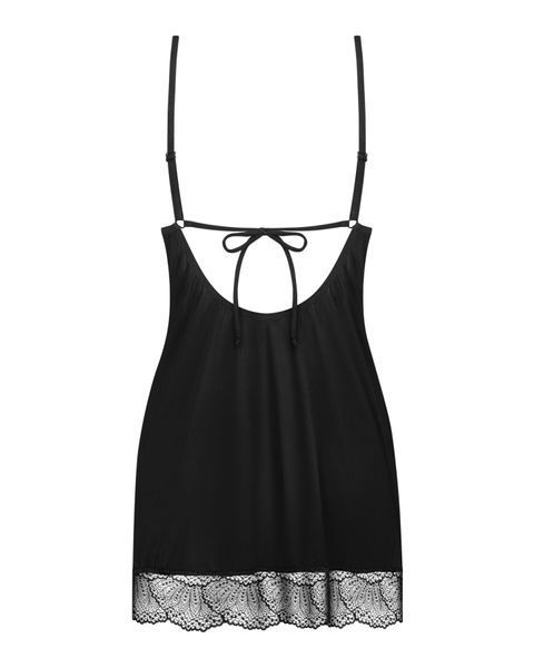 Пеньюар Obsessive Lobellis chemise & thong, XS/S, чорний, мереживне оздоблення, стрінги в комплекті SX1020 фото