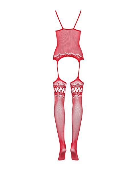 Бодістокінг Obsessive Bodystocking F214 red S/M/L, імітація корсета та панчіх на підв&rsquo;язках SO7225 фото