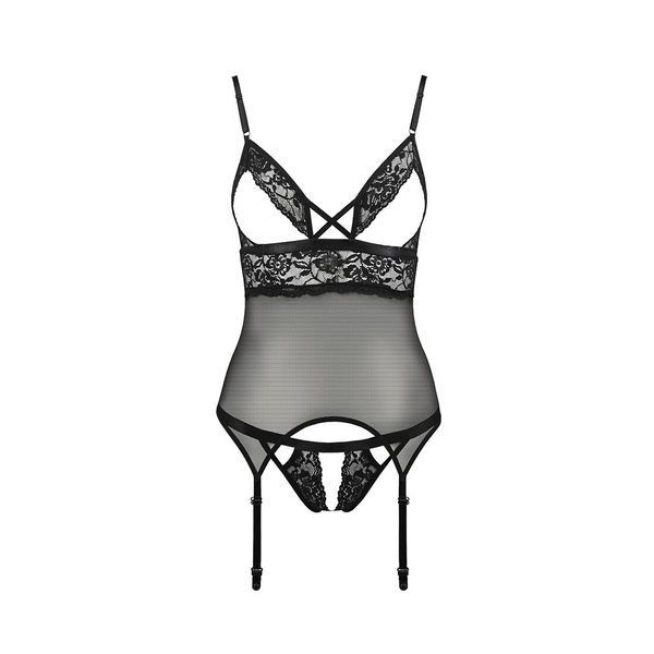 Корсет з відкритими грудьми Passion DIABOLINA CORSET S/M, black, пажі, трусики, напівпрозорий PS25805 фото